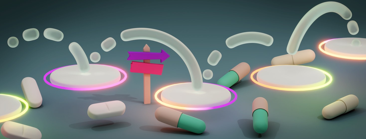 An abstracted path with movement lines jumping from one floating, glowing, circular platform to the next. Beneath the floating platforms are a variety of pills and tablets.