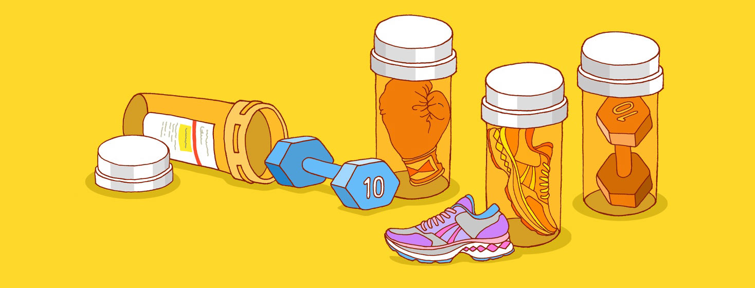 exercise equipment held within RX pill bottles for parkinson's impact life