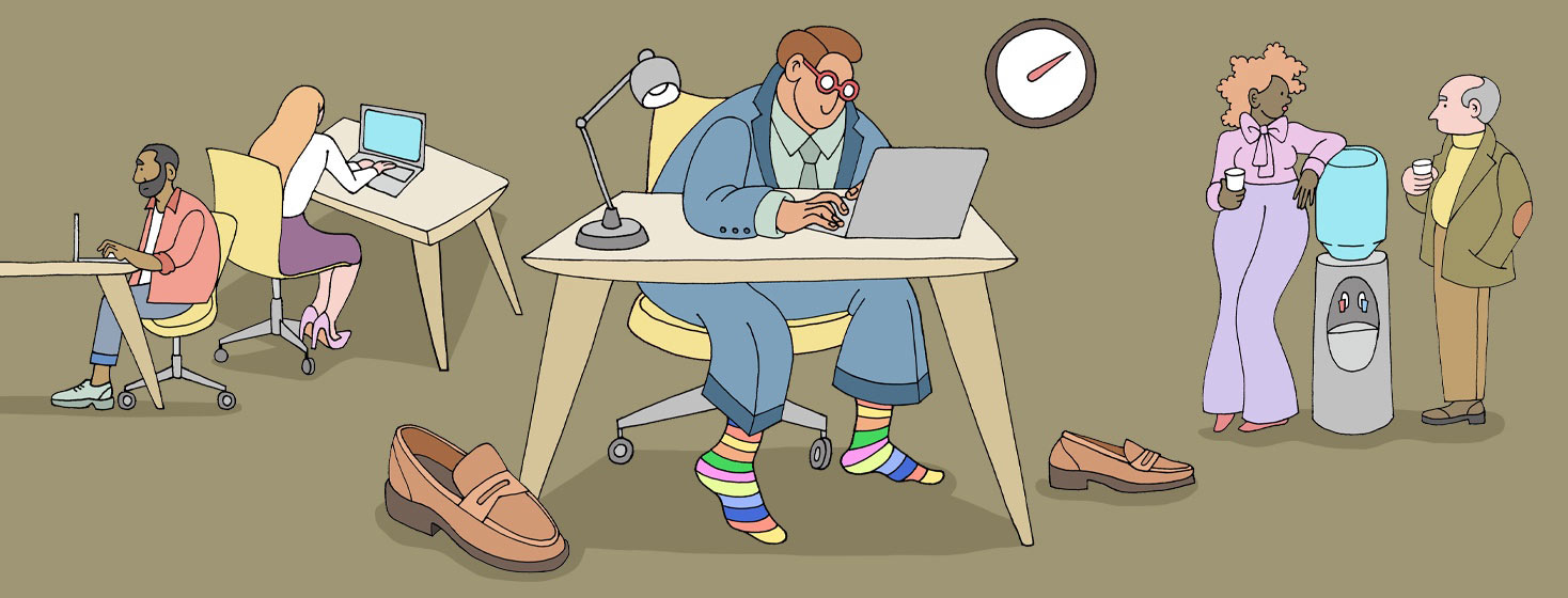 a man at work with colorful socks on and shoes off due to parkinson's hammer toes
