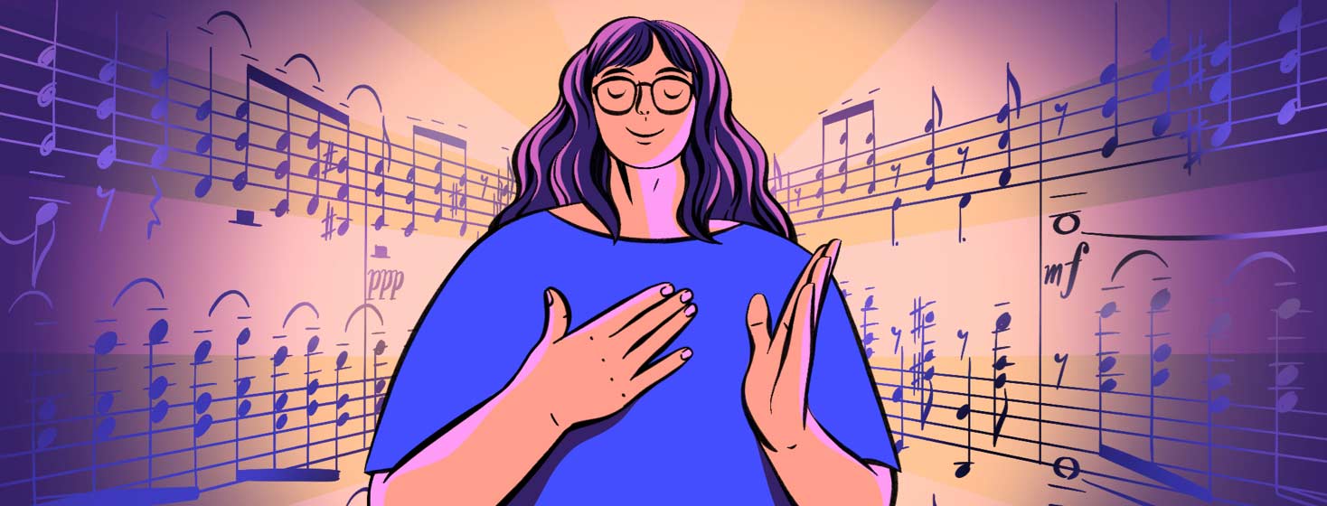 A woman with her hand on her heart and music emanating from behind her. musician, passion, thankful, calm, sheet music adult female