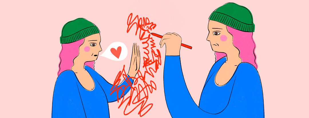 A woman scribbling around a smaller version of herself who is trying to speak to her with kind words and stop her from scribbling