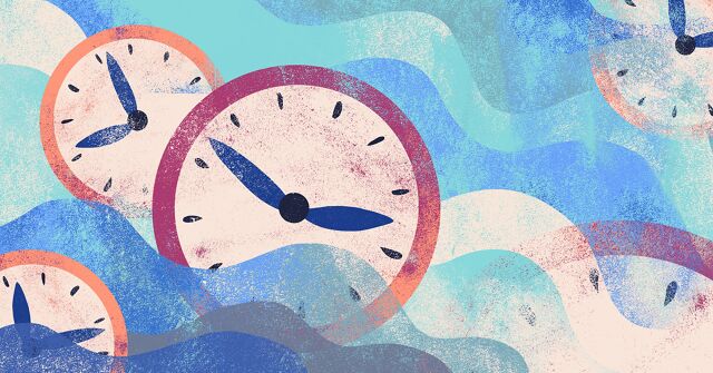 A series of clocks floats among waves.